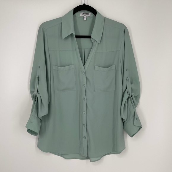 Express Tops - Express Button Front V-Neck 3/4 Sleeve Blouse